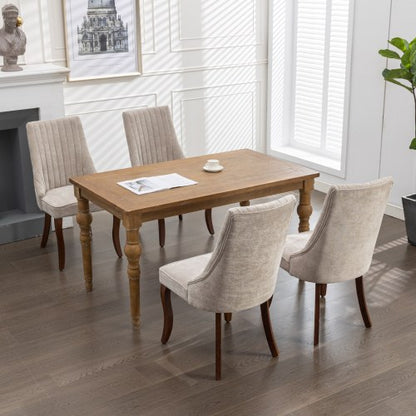 Set of 2 Beige Rayon Flocking Linen High Back Dining Chairs, Curved Solid Wood Legs Adjustable Leveling Feet