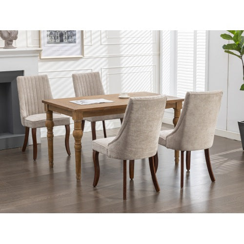 Set of 2 Beige Rayon Flocking Linen High Back Dining Chairs, Curved Solid Wood Legs Adjustable Leveling Feet