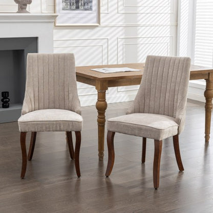 Set of 2 Beige Rayon Flocking Linen High Back Dining Chairs, Curved Solid Wood Legs Adjustable Leveling Feet