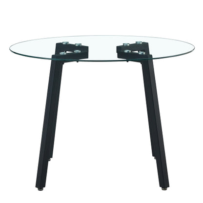 42 Inch Round Tempered Glass Dining Table with Black Metal Legs
