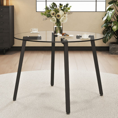 42 Inch Round Tempered Glass Dining Table with Black Metal Legs