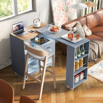 Grey Rolling Kitchen Island Cart With LED Light USB Socket & Fluted Glass Doors