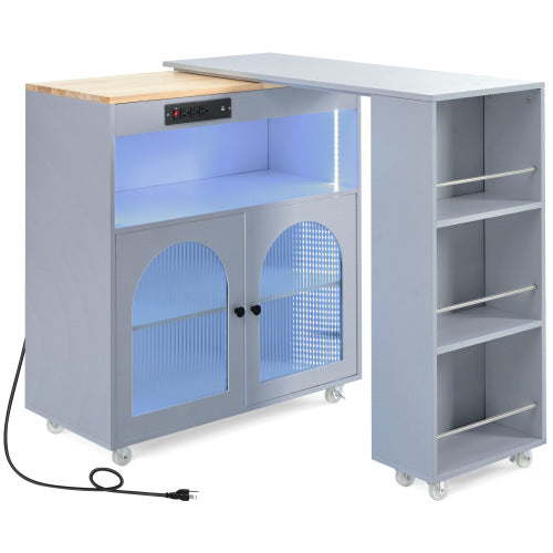 Grey Rolling Kitchen Island Cart With LED Light USB Socket & Fluted Glass Doors