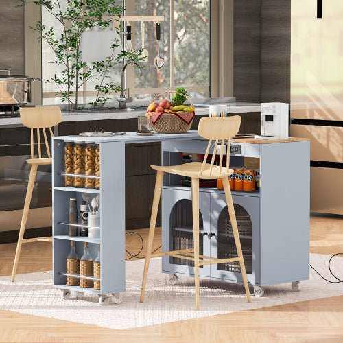 Grey Rolling Kitchen Island Cart With LED Light USB Socket & Fluted Glass Doors