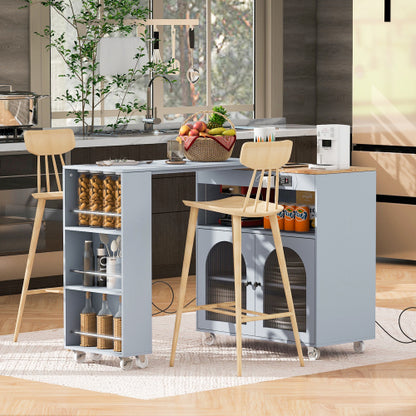 Grey Rolling Kitchen Island Cart With LED Light USB Socket & Fluted Glass Doors