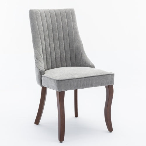 Set of 2 Gray Rayon Flocking Dining Chairs, Curved Solid Wood Legs & Adjustable Feet