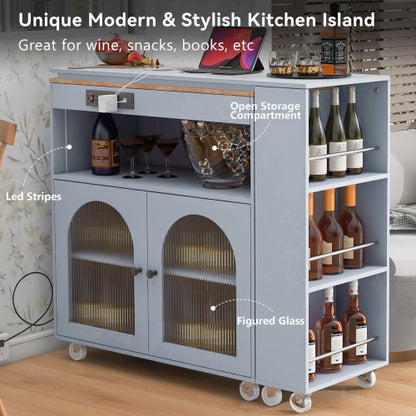 Grey Rolling Kitchen Island Cart With LED Light USB Socket & Fluted Glass Doors