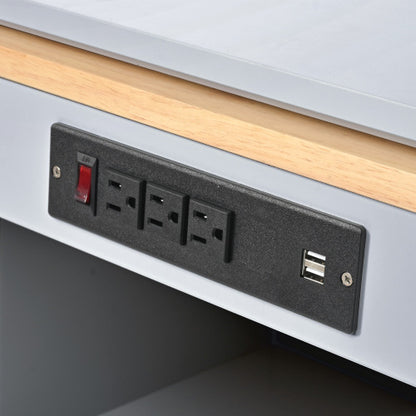 Grey Rolling Kitchen Island Cart With LED Light USB Socket & Fluted Glass Doors