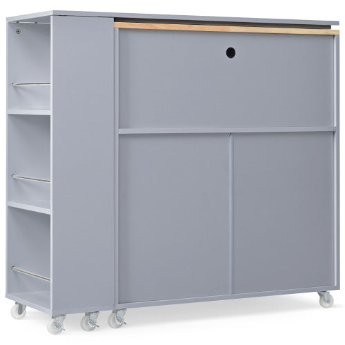 Grey Rolling Kitchen Island Cart With LED Light USB Socket & Fluted Glass Doors