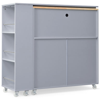 Grey Rolling Kitchen Island Cart With LED Light USB Socket & Fluted Glass Doors