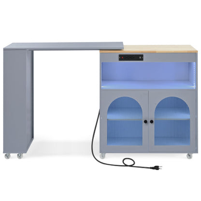 Grey Rolling Kitchen Island Cart With LED Light USB Socket & Fluted Glass Doors