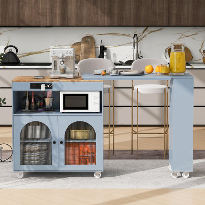 Grey Rolling Kitchen Island Cart With LED Light USB Socket & Fluted Glass Doors
