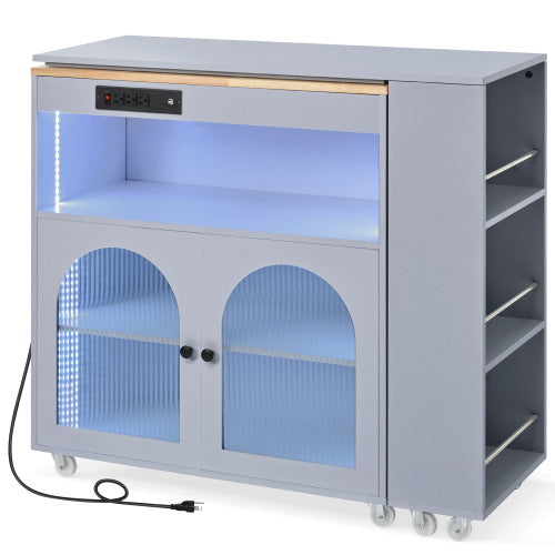Grey Rolling Kitchen Island Cart With LED Light USB Socket & Fluted Glass Doors