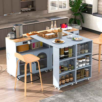 Grey Rolling Kitchen Island Cart With LED Light USB Socket & Fluted Glass Doors
