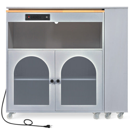 Grey Rolling Kitchen Island Cart With LED Light USB Socket & Fluted Glass Doors