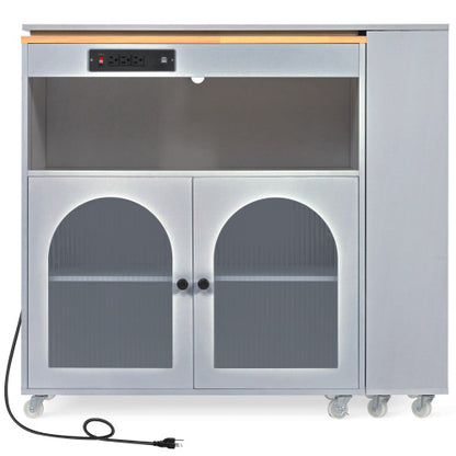 Grey Rolling Kitchen Island Cart With LED Light USB Socket & Fluted Glass Doors