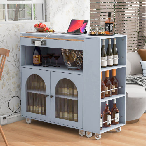 Grey Rolling Kitchen Island Cart With LED Light USB Socket & Fluted Glass Doors