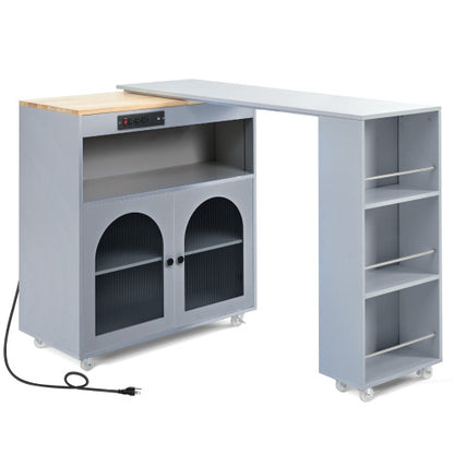 Grey Rolling Kitchen Island Cart With LED Light USB Socket & Fluted Glass Doors