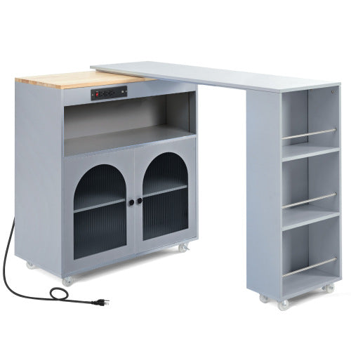 Grey Rolling Kitchen Island Cart With LED Light USB Socket & Fluted Glass Doors