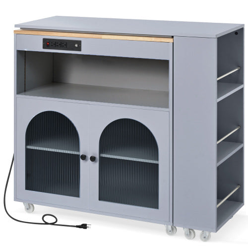 Grey Rolling Kitchen Island Cart With LED Light USB Socket & Fluted Glass Doors