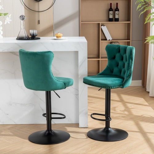 Swivel Velvet Barstools Adjusatble Seat Height from 25-33 Inch,17.7inch base, Modern Upholstered Bar Stools with Backs Comfortable Tufted for Home Pub and Kitchen Island,Green,Set of 2