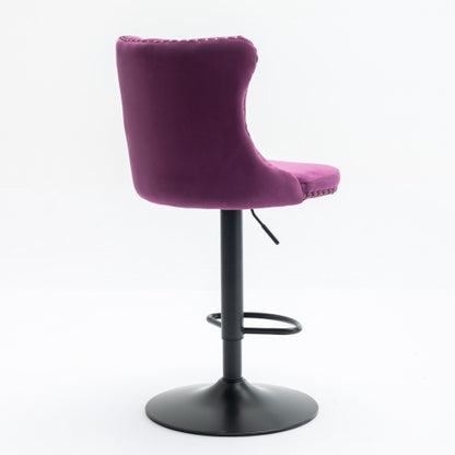 Swivel Velvet Barstools Adjusatble Seat Height from 25-33 Inch,17.7inch base, Modern Upholstered Bar Stools with Backs Comfortable Tufted for Home Pub and Kitchen Island,Purple,Set of 2