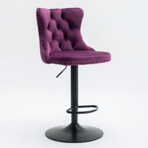 Swivel Velvet Barstools Adjusatble Seat Height from 25-33 Inch,17.7inch base, Modern Upholstered Bar Stools with Backs Comfortable Tufted for Home Pub and Kitchen Island,Purple,Set of 2