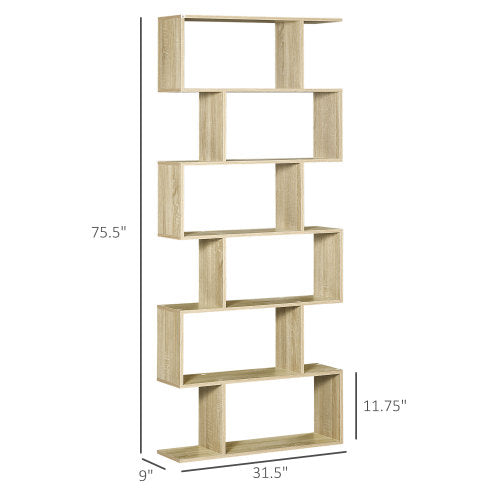 75.5 Inch Oak S-Shaped 6-Tier Anti-Tip Freestanding Bookshelf