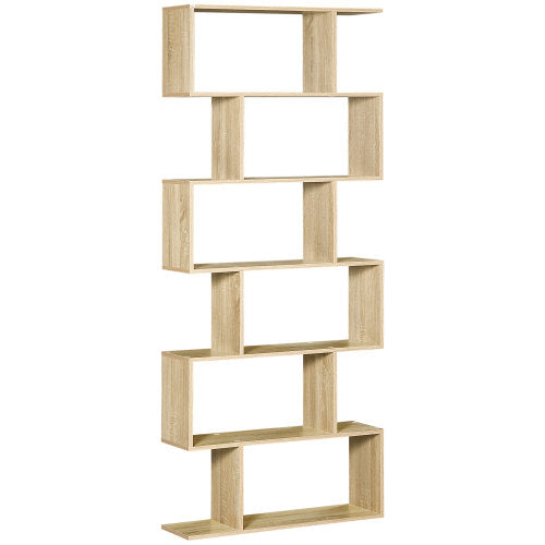 75.5 Inch Oak S-Shaped 6-Tier Anti-Tip Freestanding Bookshelf