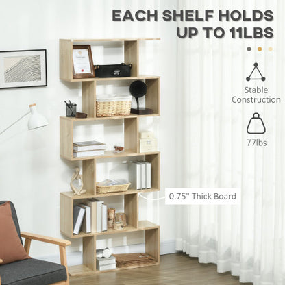 75.5 Inch Oak S-Shaped 6-Tier Anti-Tip Freestanding Bookshelf