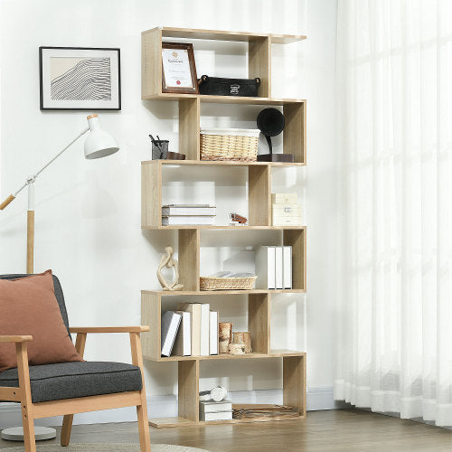 75.5 Inch Oak S-Shaped 6-Tier Anti-Tip Freestanding Bookshelf