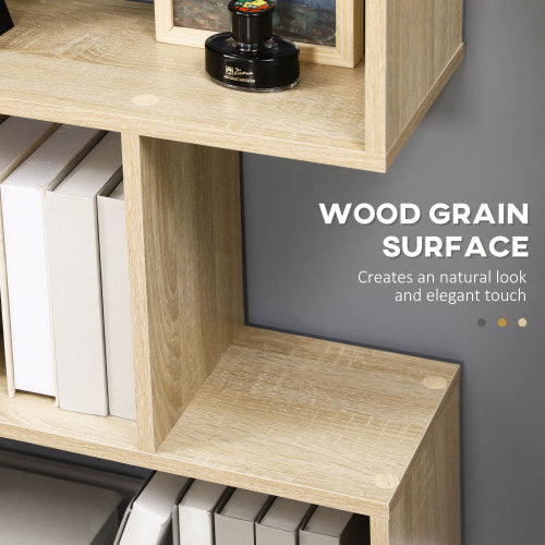 75.5 Inch Oak S-Shaped 6-Tier Anti-Tip Freestanding Bookshelf