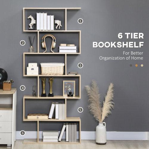 75.5 Inch Oak S-Shaped 6-Tier Anti-Tip Freestanding Bookshelf
