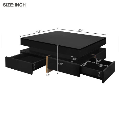 Black Modern High Gloss Square Coffee Table With Four Storage Drawers