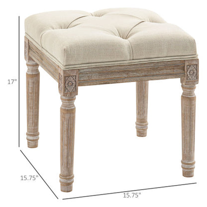 16 inch Beige Tufted Vintage Ottoman, Linen Fabric Foot Stool with Carved Rubberwood Legs, 264 LBS Capacity