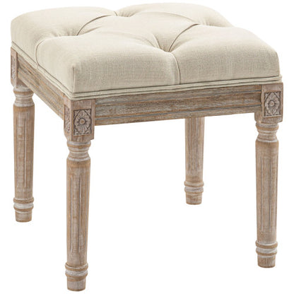 16 inch Beige Tufted Vintage Ottoman, Linen Fabric Foot Stool with Carved Rubberwood Legs, 264 LBS Capacity
