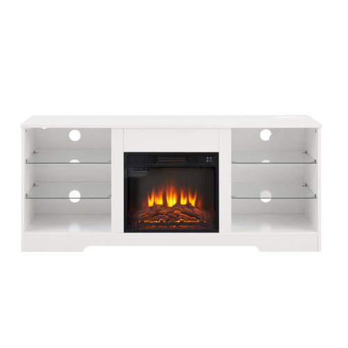 58 Inch White Electric Fireplace TV Stand 3D Color LED Light Media Cabinet with USB Power Outlet for 65 Inch TV