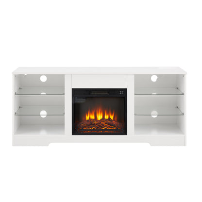58 Inch White Electric Fireplace TV Stand 3D Color LED Light Media Cabinet with USB Power Outlet for 65 Inch TV