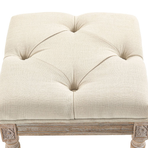 16 inch Beige Tufted Vintage Ottoman, Linen Fabric Foot Stool with Carved Rubberwood Legs, 264 LBS Capacity