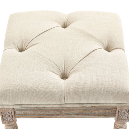 16 inch Beige Tufted Vintage Ottoman, Linen Fabric Foot Stool with Carved Rubberwood Legs, 264 LBS Capacity