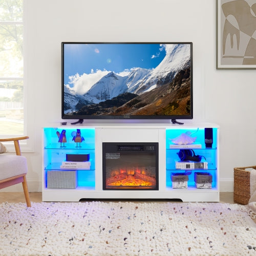 58 Inch White Electric Fireplace TV Stand 3D Color LED Light Media Cabinet with USB Power Outlet for 65 Inch TV