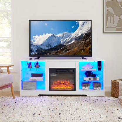 58 Inch White Electric Fireplace TV Stand 3D Color LED Light Media Cabinet with USB Power Outlet for 65 Inch TV