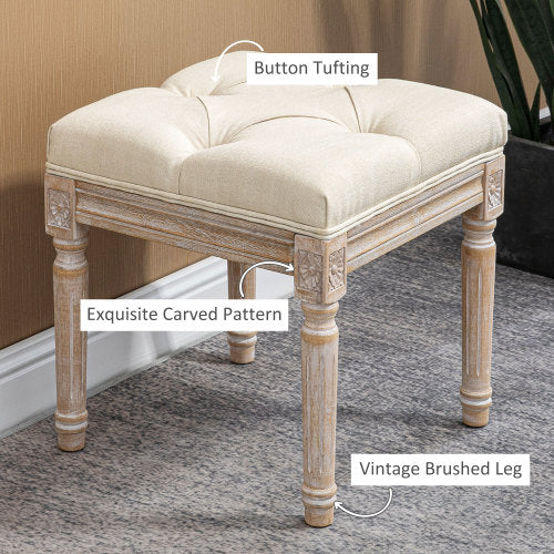 16 inch Beige Tufted Vintage Ottoman, Linen Fabric Foot Stool with Carved Rubberwood Legs, 264 LBS Capacity