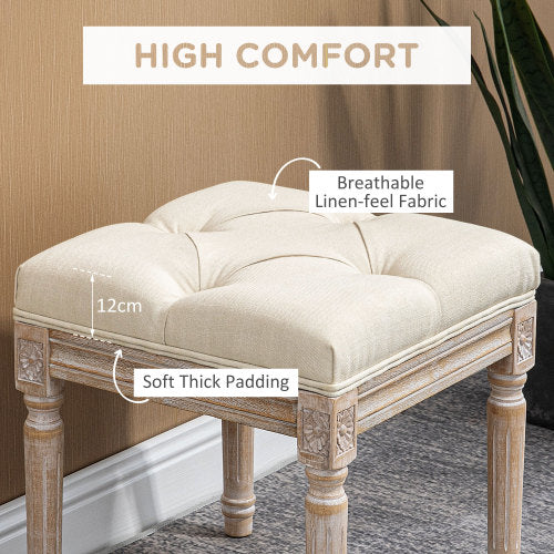 16 inch Beige Tufted Vintage Ottoman, Linen Fabric Foot Stool with Carved Rubberwood Legs, 264 LBS Capacity
