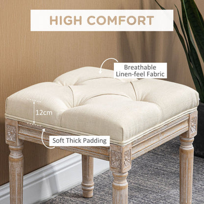 16 inch Beige Tufted Vintage Ottoman, Linen Fabric Foot Stool with Carved Rubberwood Legs, 264 LBS Capacity
