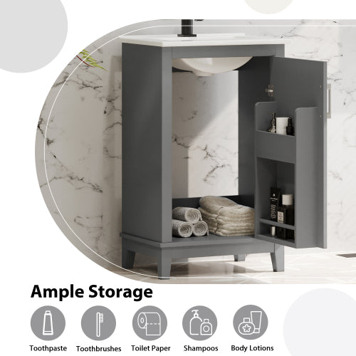 20 Inch Modern Small Bathroom Vanity Cabinet With Ceramic Basin- 20*14.5*33.3 Inches,Ample Storage,1 Soft-Close Door