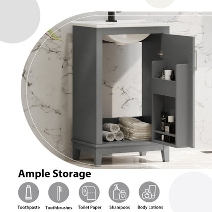 20 Inch Modern Small Bathroom Vanity Cabinet With Ceramic Basin- 20*14.5*33.3 Inches,Ample Storage,1 Soft-Close Door