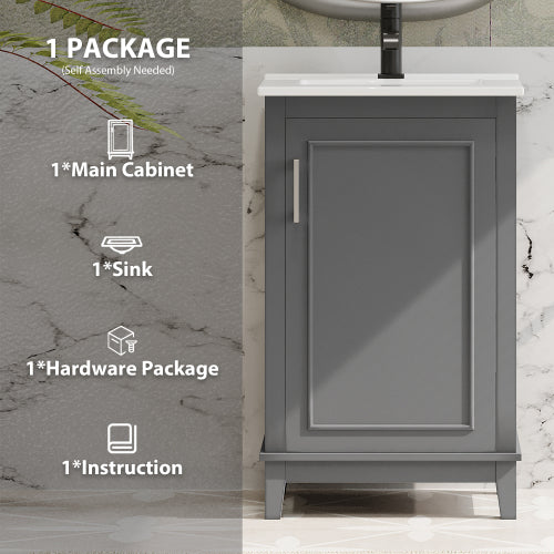 20 Inch Modern Small Bathroom Vanity Cabinet With Ceramic Basin- 20*14.5*33.3 Inches,Ample Storage,1 Soft-Close Door