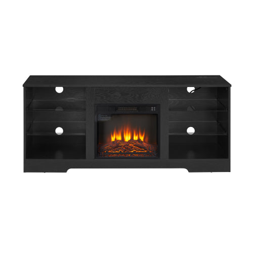 58 Inch Black Electric Fireplace TV Stand 3D LED Flame Media Console with Built-In Charging Station for 65 Inch TV