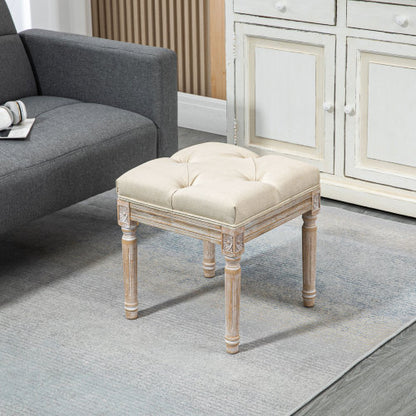 16 inch Beige Tufted Vintage Ottoman, Linen Fabric Foot Stool with Carved Rubberwood Legs, 264 LBS Capacity